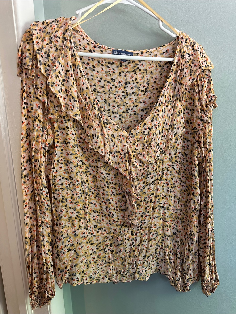 Democracy Cream Yellow Floral Ruffle V-Neck Blouse